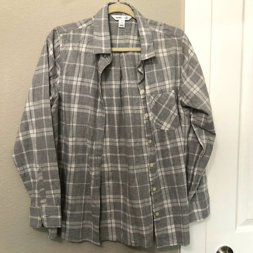 Grey Plaid Button Down Shirt - Womens Size Large